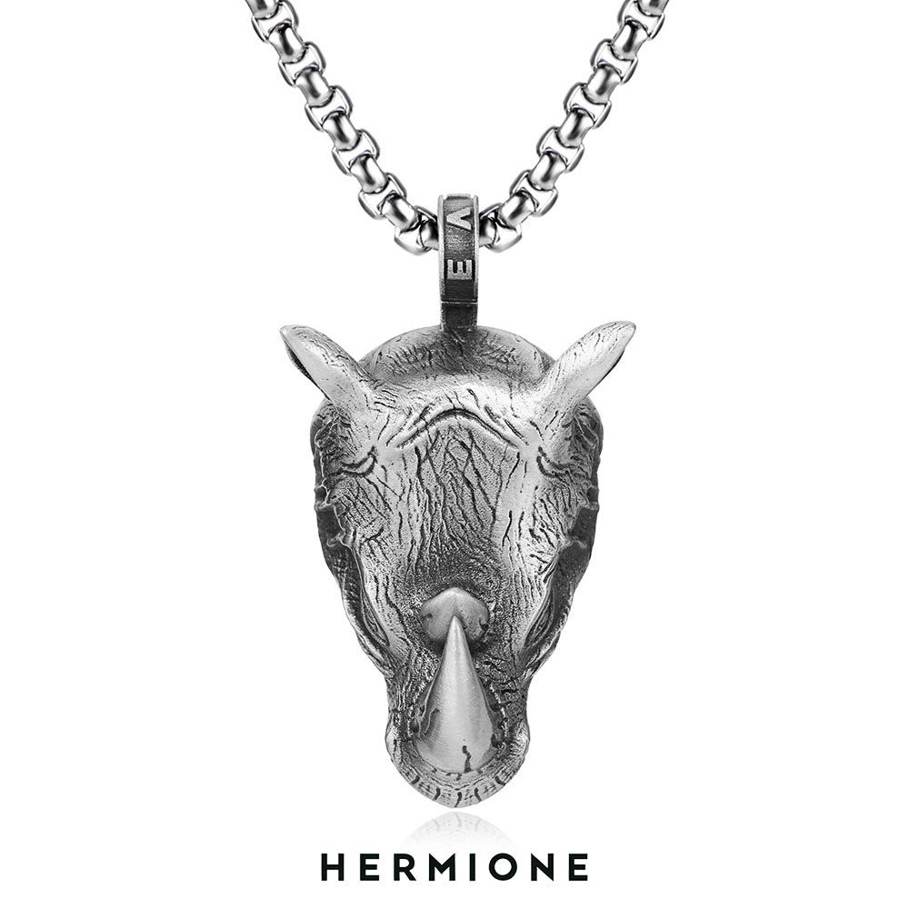 Pure pewter rhino head pendant necklace Symbol of strength and perseverance