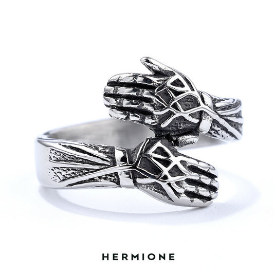 Cool style retro hands embracing design ring