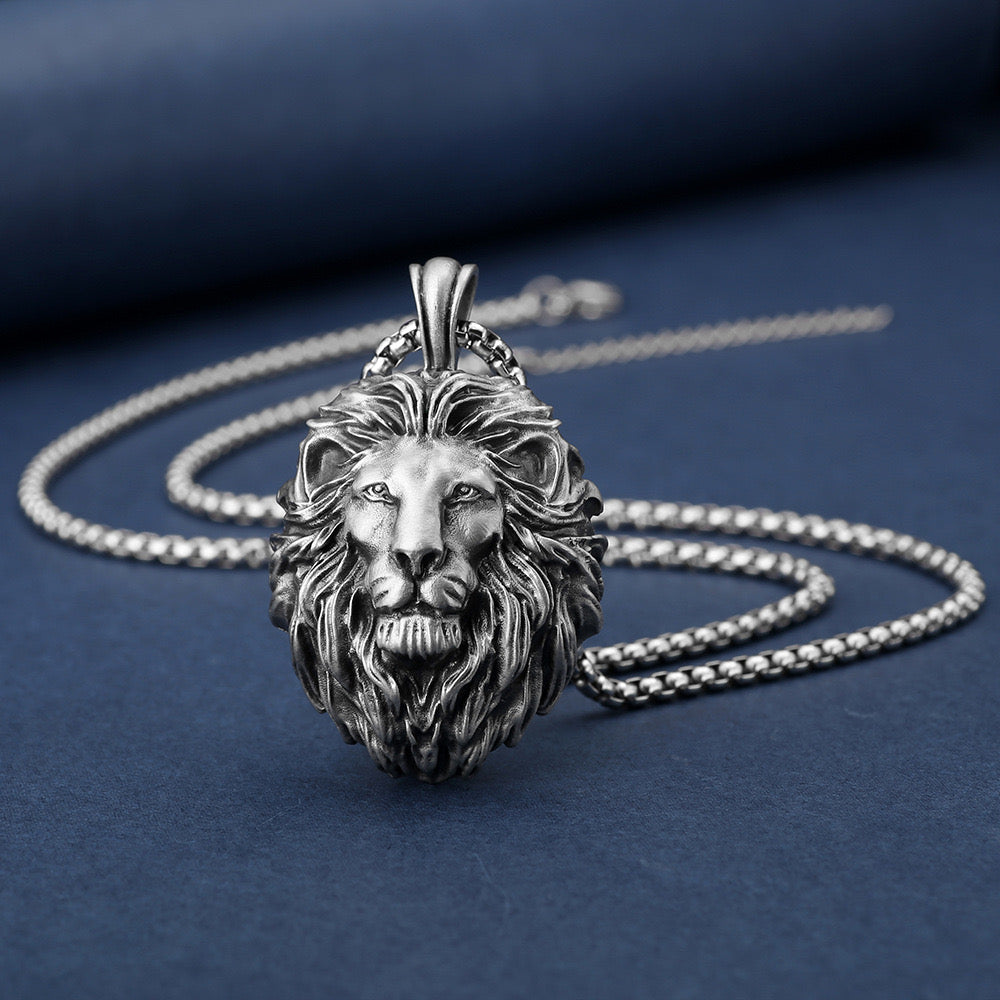 Pure tin material hip-hop punk style lion head pendant necklace