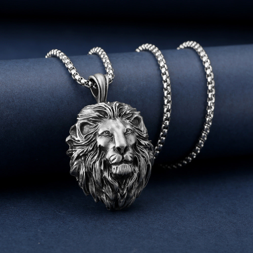 Pure tin material hip-hop punk style lion head pendant necklace