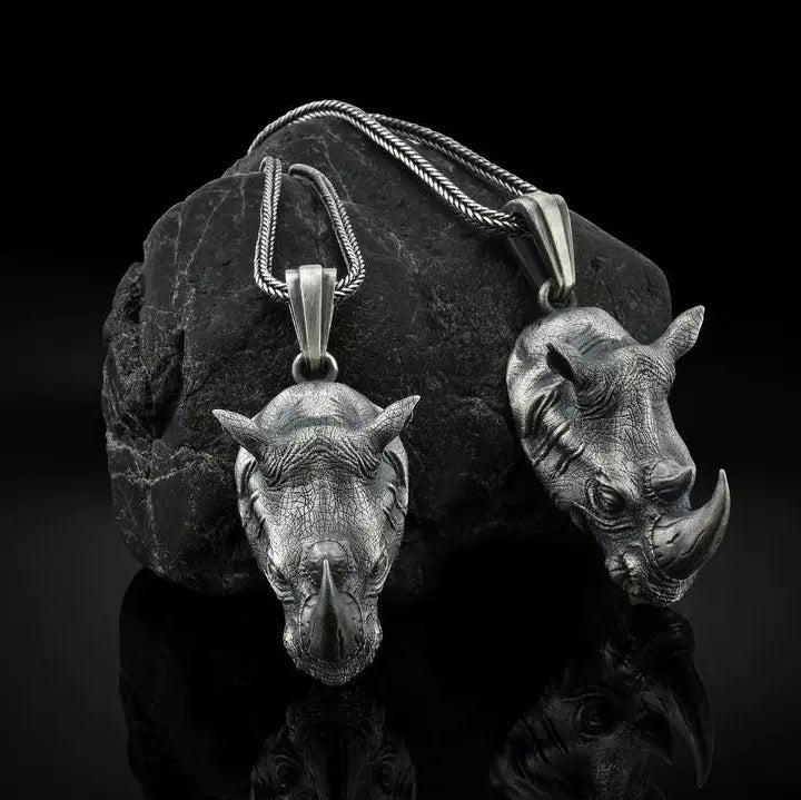 Pure pewter rhino head pendant necklace Symbol of strength and perseverance