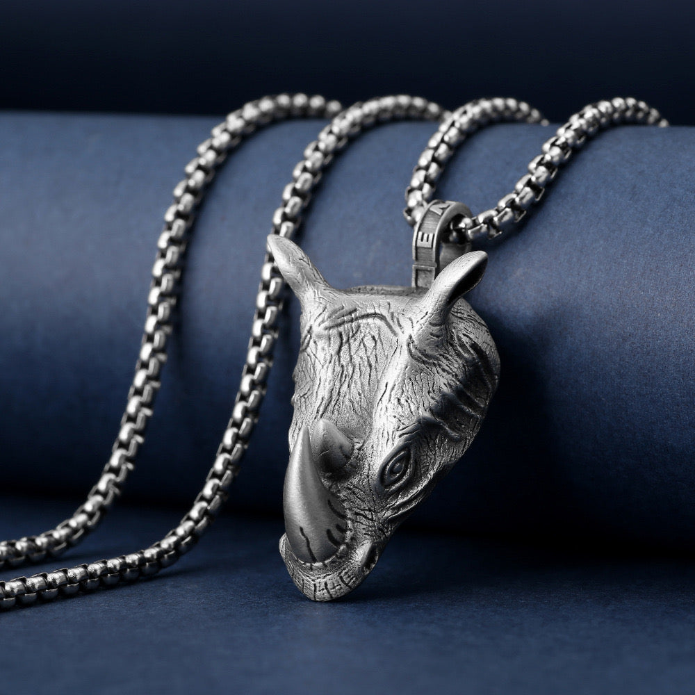 Pure pewter rhino head pendant necklace Symbol of strength and perseverance