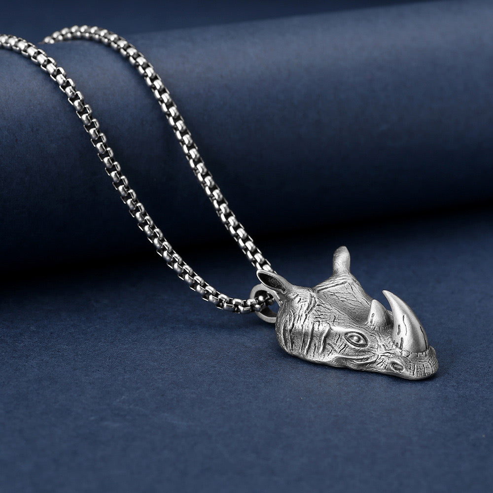 Pure pewter rhino head pendant necklace Symbol of strength and perseverance