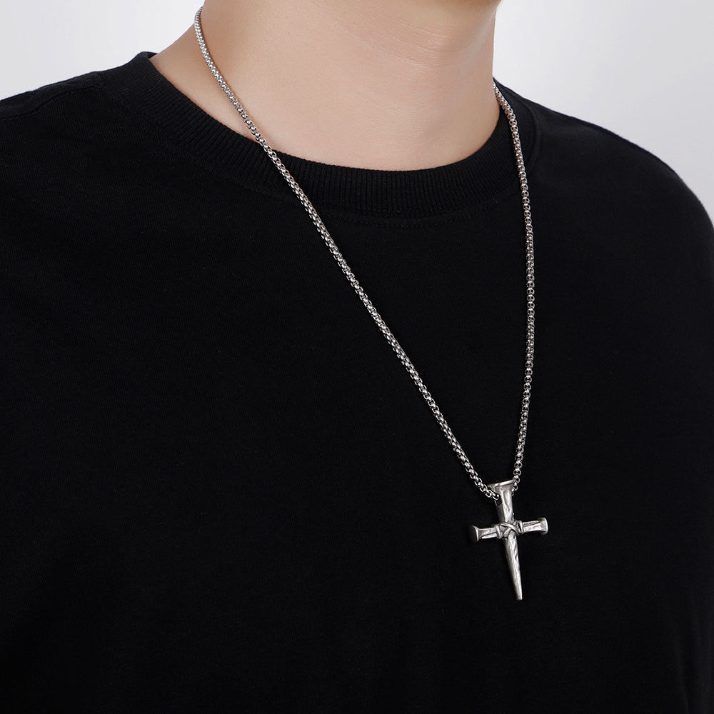 Punk style nail cross pendant street classic titanium steel necklace