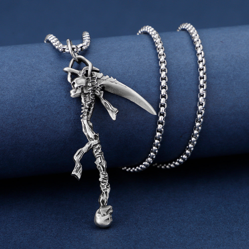 Dark Gothic Skull Death Scythe Pendant Necklace