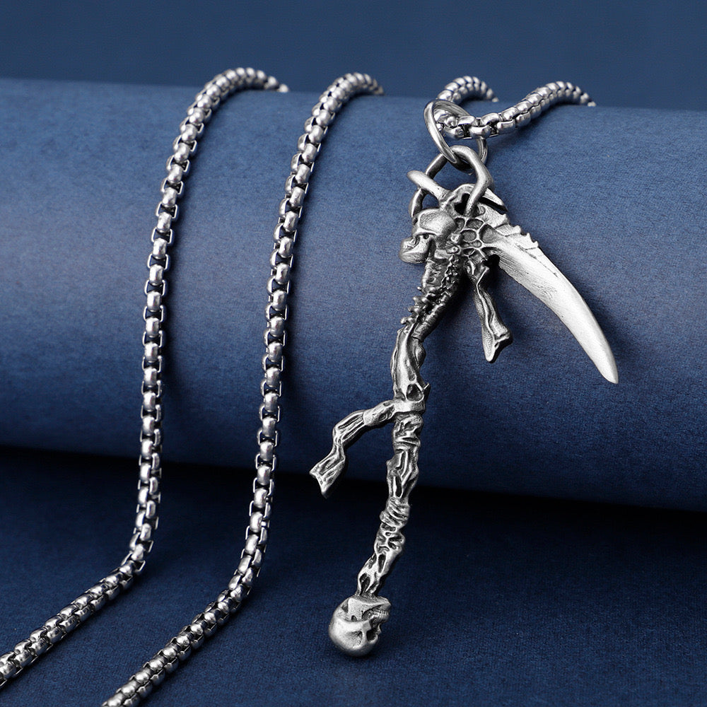 Dark Gothic Skull Death Scythe Pendant Necklace