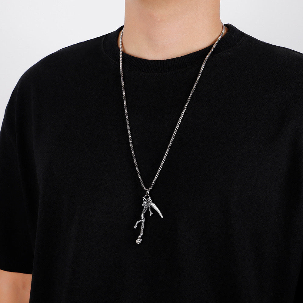 Dark Gothic Skull Death Scythe Pendant Necklace